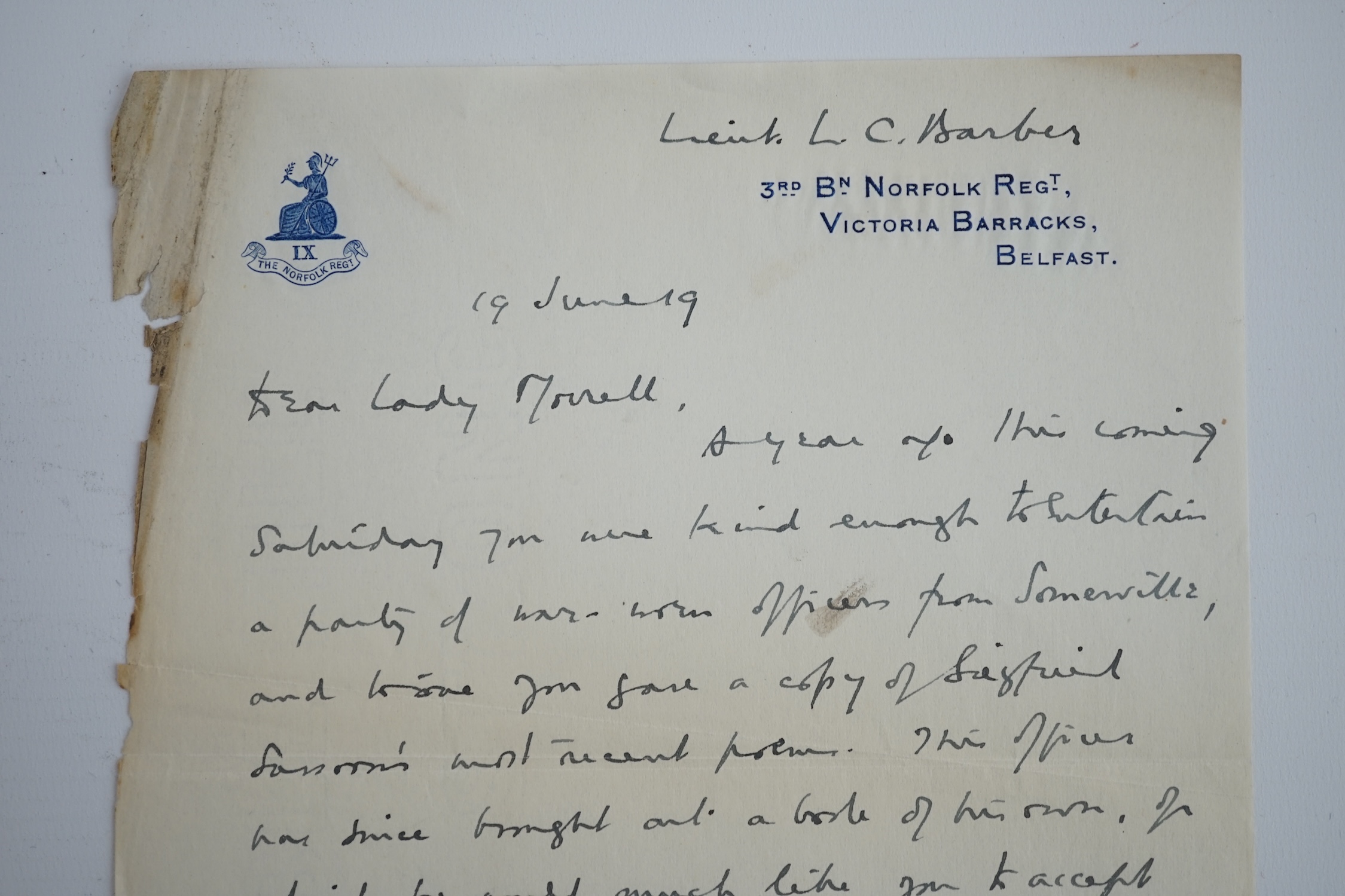 Letter from First World War soldier Leonard Cecil Barber on Norfolk Regiment headed paper, to Lady Ottoline Morell (1873-1938), best known as hostess at Garsington